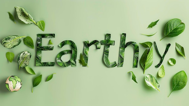 Earth Day written with leaves isolated on light green background