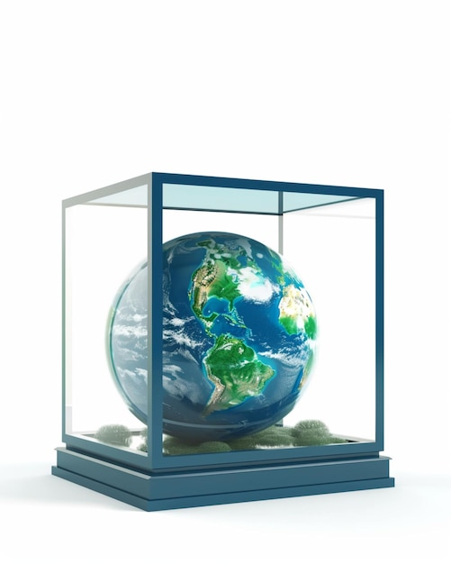 The earth in display case transparent on white background