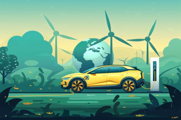 Earth Energy Wind Power and Cars Illustration