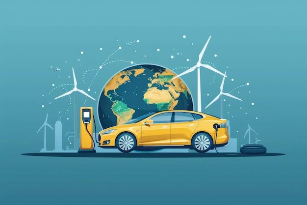 Earth Energy Wind Power and Cars Illustration