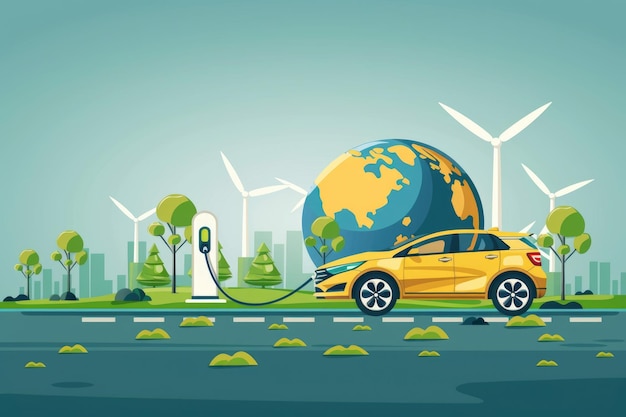 Earth Energy Wind Power and Cars Illustration