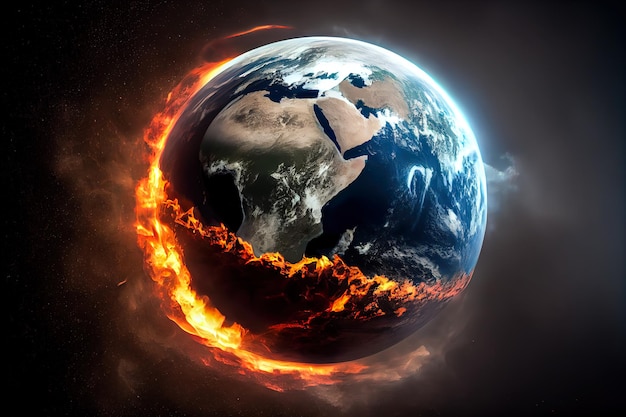 Earth on fire view from space 3d illustration Generative AI