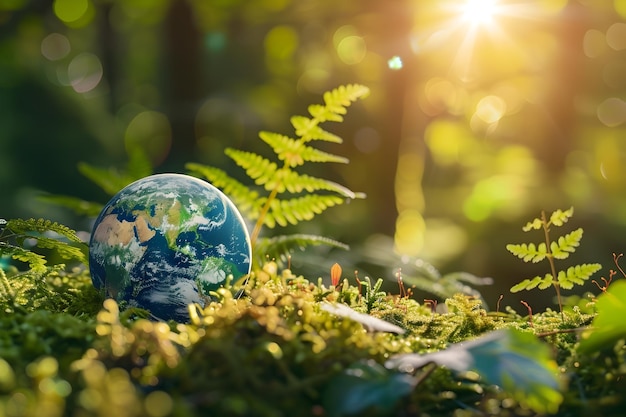 Earth in Focus A Green Globe Basking in Sunlight Surrounded by Lush Moss and Ferns Symbolizing Environmental Protection and Sustainability