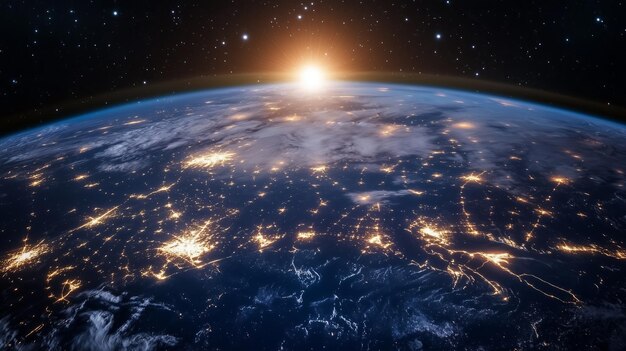 Earth from space at night illuminated by city lights and a rising sun