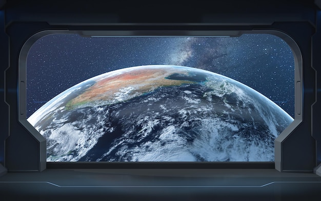 The earth from the view in the spacecraft 3d rendering