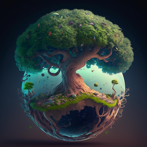 Earth full of vitality cartoon illustration world tree