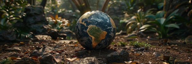 Photo earth globe adorned with lush greenery signifying environmental harmony and conservation