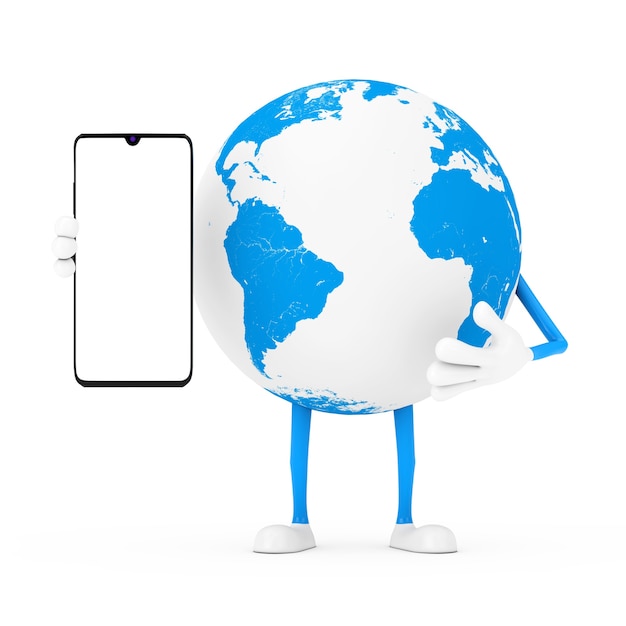 Earth Globe Character Mascot and Modern Mobile Phone with Blank Screen for Your Design on a white background. 3d Rendering