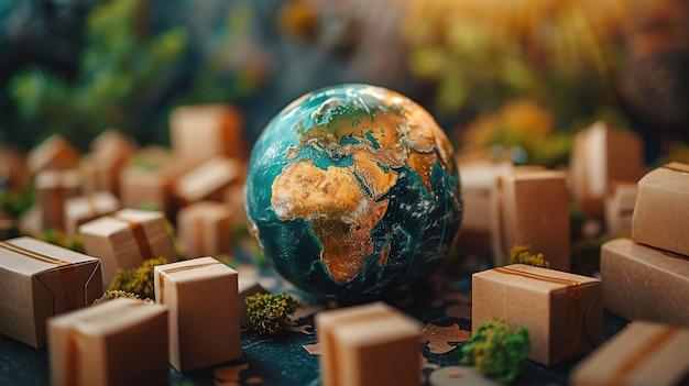 The Earth globe is central among scattered cardboard packages possibly indicating the global impact