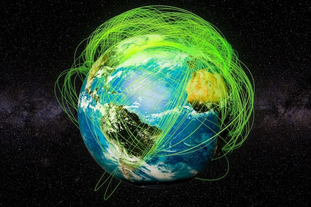 Earth Globe and real flight routes concept 3D rendering