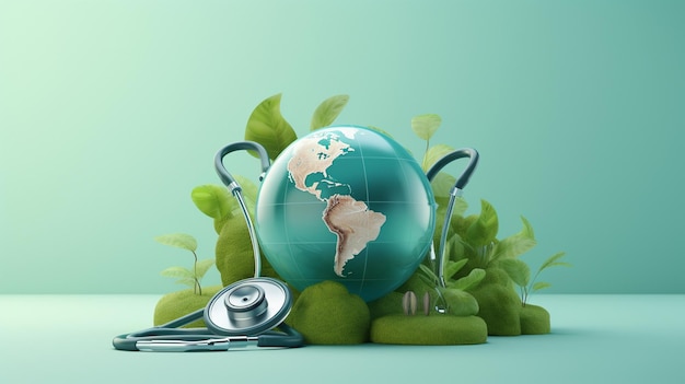 Earth globe and stethoscope on blue background 3d illustration