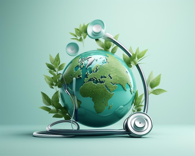 Earth globe and stethoscope on blue background 3d illustration