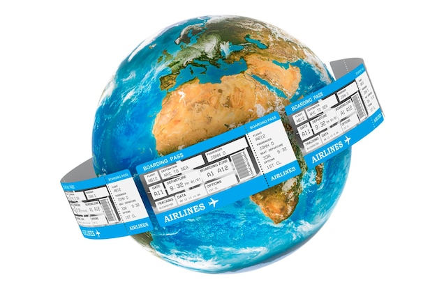 Earth Globe with airline tickets around 3D rendering