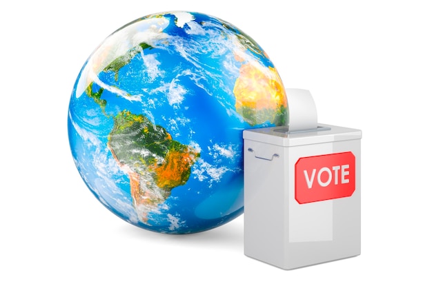 Earth Globe with ballot box 3D rendering isolated on white background isolated on white background