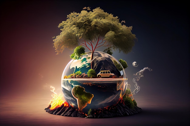 Earth globe with car and tree on dark background Generative AI