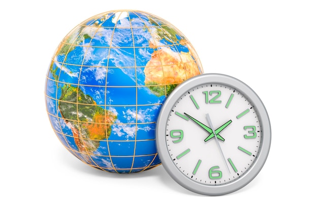 Earth Globe with wall clock 3D rendering