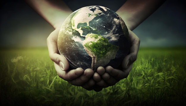 Earth in hands grass background environment concept