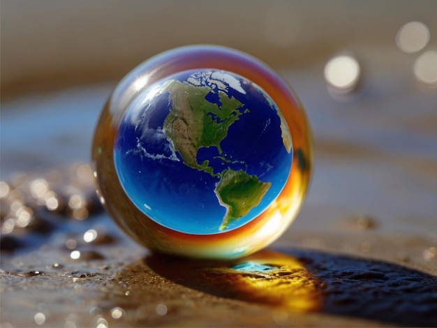 Photo earth inside a water drop spherical vibrant colours volumetric light