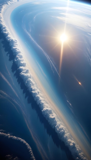 the earth is seen from space with the sun rising