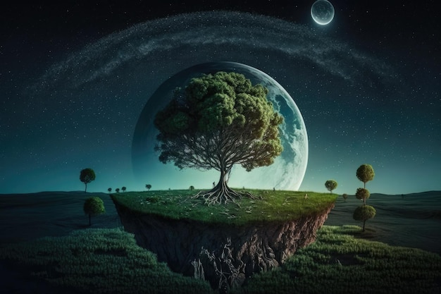 Earth is a small planet in terms of environmental protection or eco friendly ideas With a forest and starry blue sky in the background a lone tree stands alone in a landscape of green grass