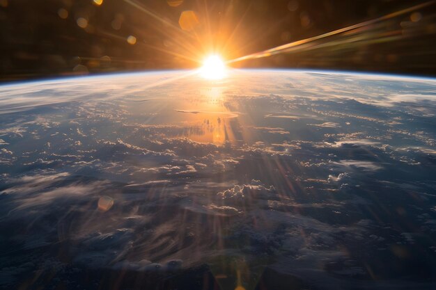 Photo the earth is visible from space and the sun is visible in this image