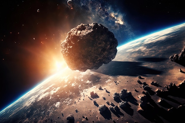 Earth is a wide angle perspective with asteroids traveling nearby