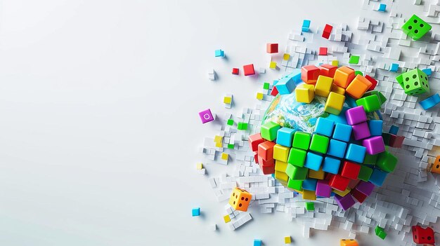 Earth Made of Tetris Elements on White Background