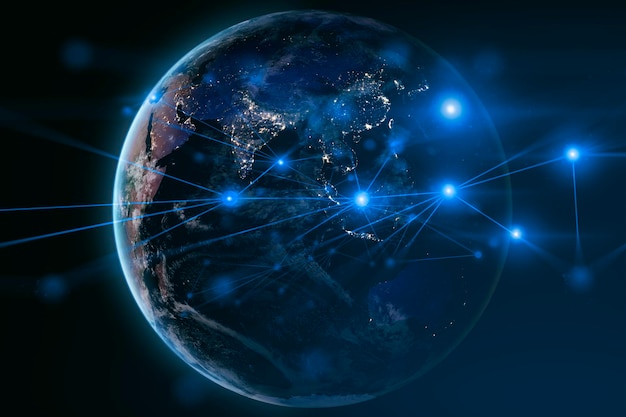 Earth and network of internet satellite for telecomglobe data cloud storage of 5g global networking of social data communication business Elements of this image furnished by NASA