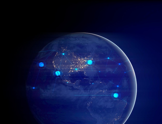 Earth and network of internet satellite for telecomglobe data cloud storage of 5g global networking of social data communication Element of this images furnished by NASA