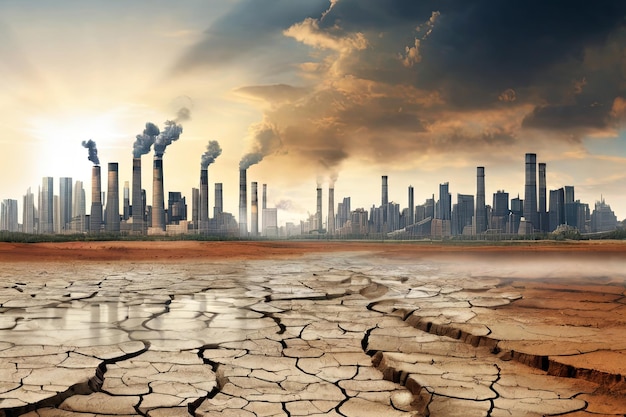 Earth in peril Global Warming and pollution theme Cracked land factories and cityscape