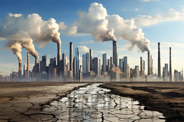 Earth in peril Global Warming and pollution theme Cracked land factories and cityscape