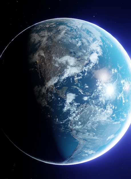 Earth planet viewed from space showing america3d render of planet Earth with detailed relief and atmosphereelements of this image furnished by NASAGlobal overviewCinematic feeling with glow