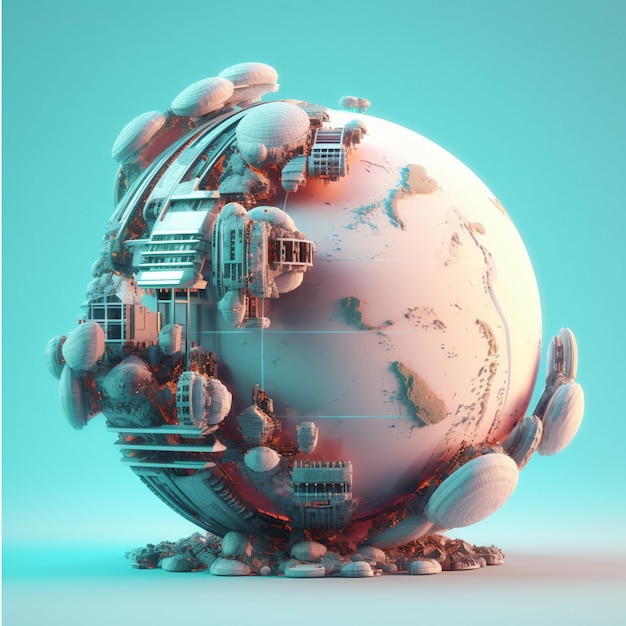 Earth planet with buildings and snowflakes on blue background 3d render