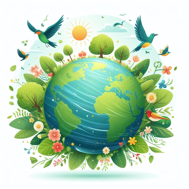 Earth planet with green trees growing on it and birds flying around Concept of green nature recover