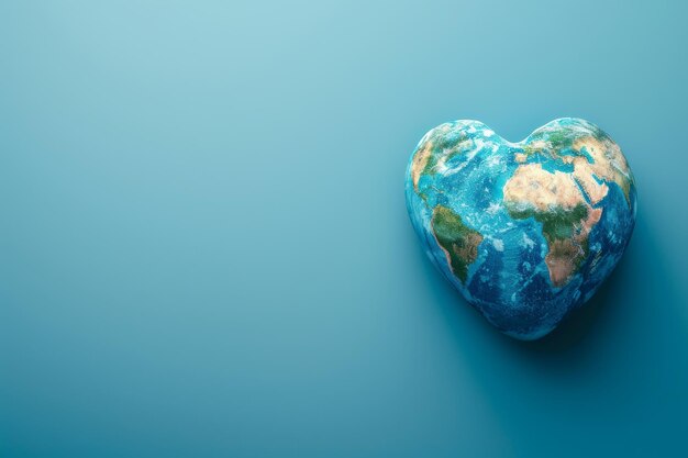 Photo earth shaped as a heart on a blue background