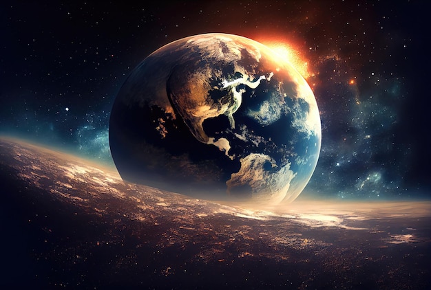 Earth in space view with shining sunrise in universe and galaxy background Nature and World environment concept Science and globe Fantasy sky atmosphere Generative AI