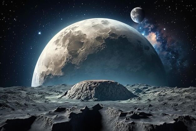 Earth surface in the space Moon on background