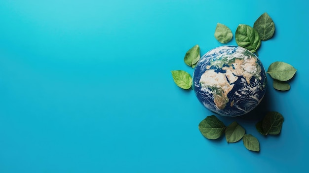 Photo earth surrounded by green leaves on blue background