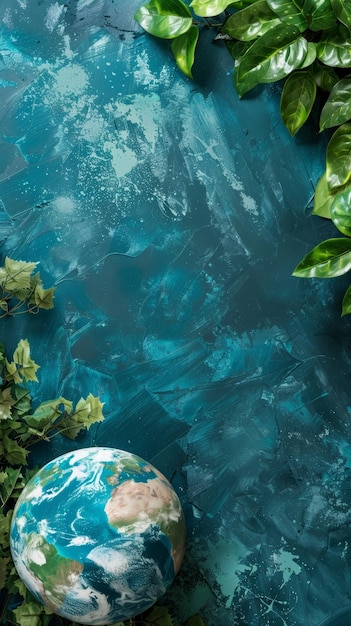 Photo earth surrounded by green leaves on a textured blue background emphasizing environmental care