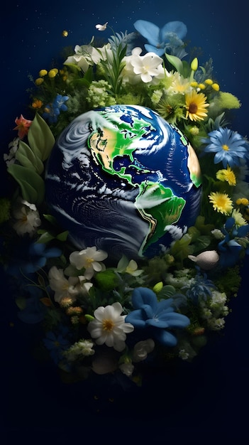 The earth surrounded by green plants and flowers