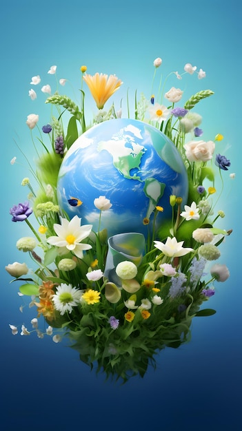 The earth surrounded by green plants and flowers