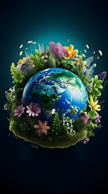 The earth surrounded by green plants and flowers