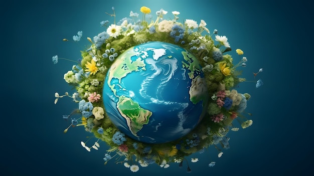 The earth surrounded by green plants and flowers