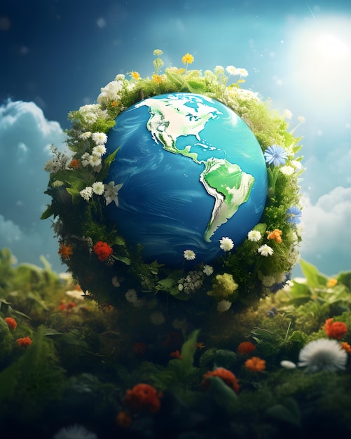 The earth surrounded by green plants and flowers