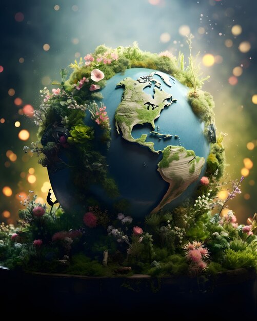 The earth surrounded by green plants and flowers