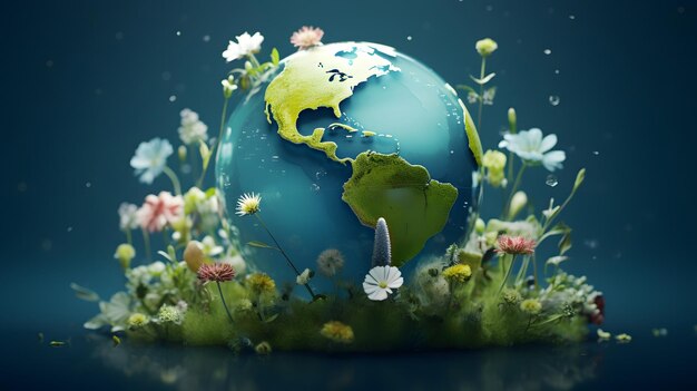 The earth surrounded by green plants and flowers