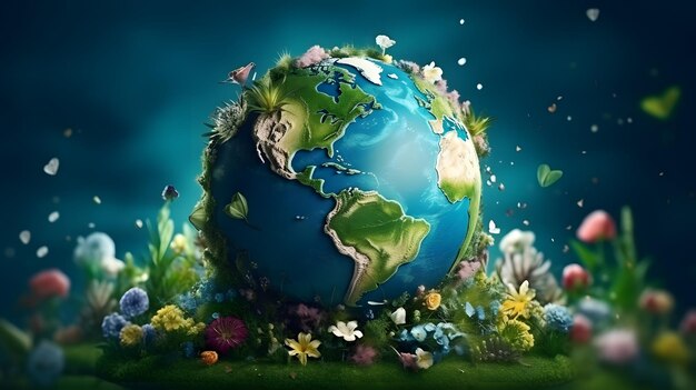 The earth surrounded by green plants and flowers