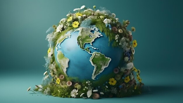 The earth surrounded by green plants and flowers