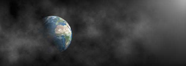 Earth surrounded by smoke on dark panoramic background.