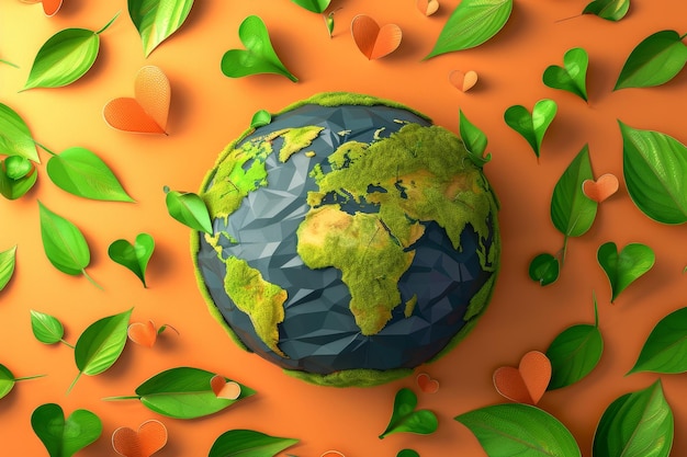 Earth Surrounded by Trees and Hearts in EcoFriendly 3D Render Analogous Color Scheme